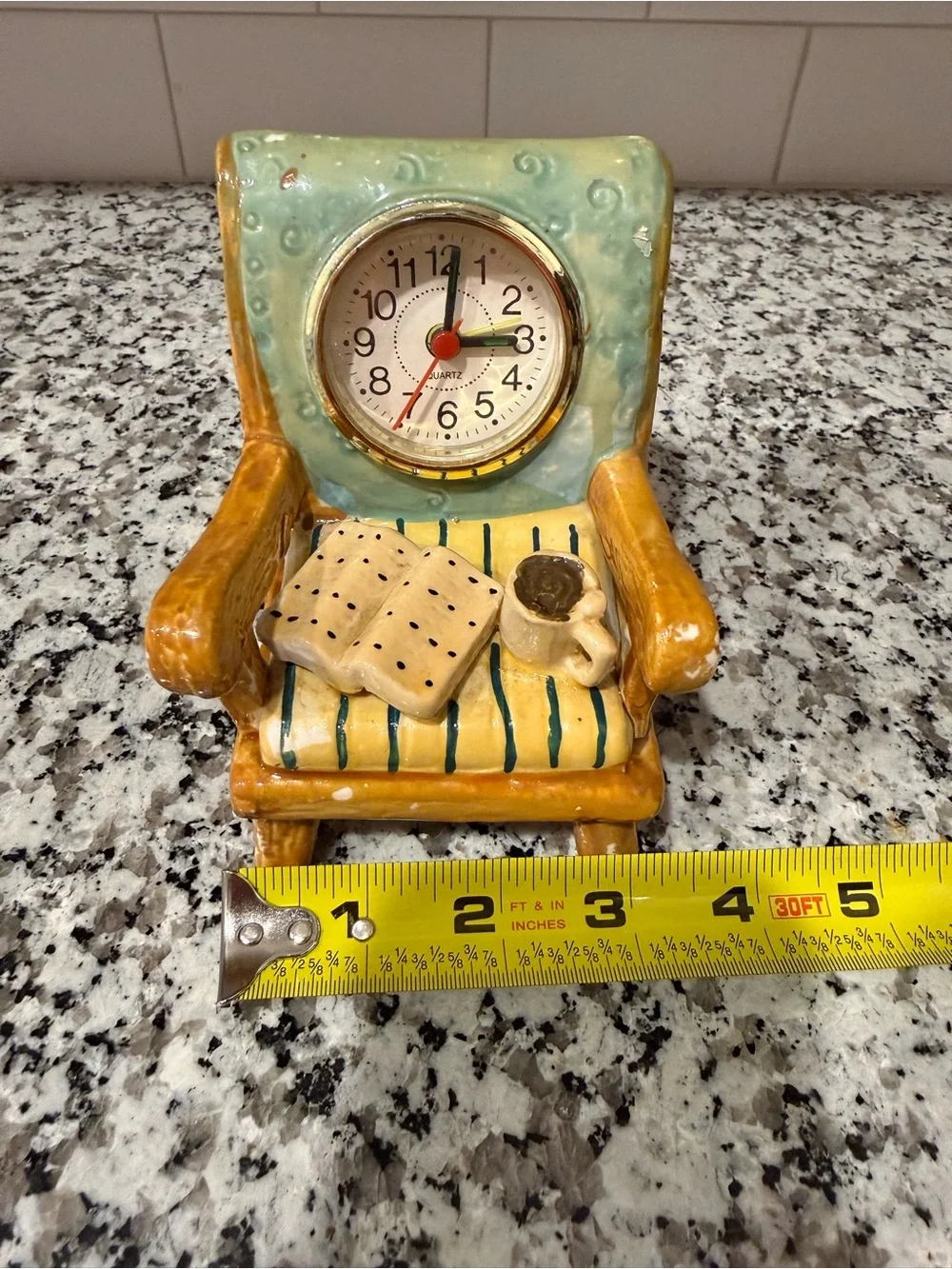 Ceramic Armchair Clock Figurine in Turquoise and Honey